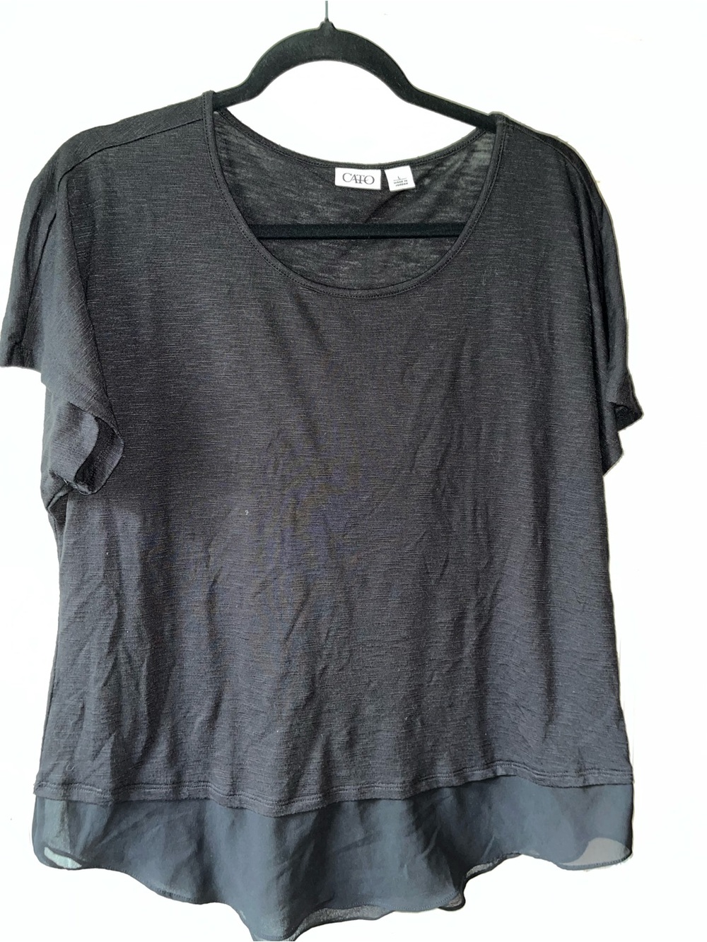 Cato Black Short-Sleeve Top with Sheer Layered Hem